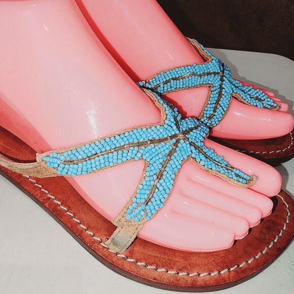 MYSTIQUE Sz 9 Teal Beaded Starfish Beach Resort Kuwai Leather Handmade Sandals - Picture 7 of 14